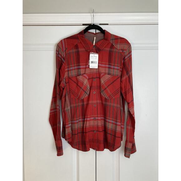 Free People Womens Medium Wesley Red Plaid Button-Up Shirt Linen Blend Fall - Picture 1 of 8